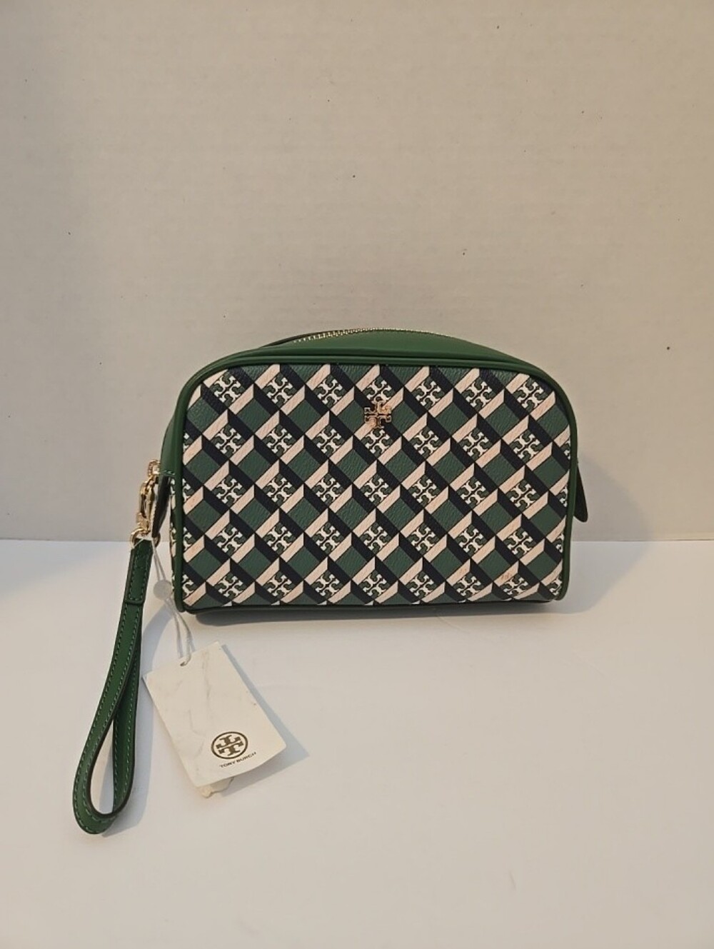 Tory Burch Green Multi Geo Logo Essentials Pouch Cosmetic Wristlet Clutch NWT!